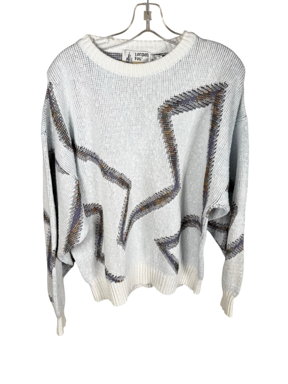 London Fog Cream Crewneck Sweater with Abstract‎ Multicolor Stitching